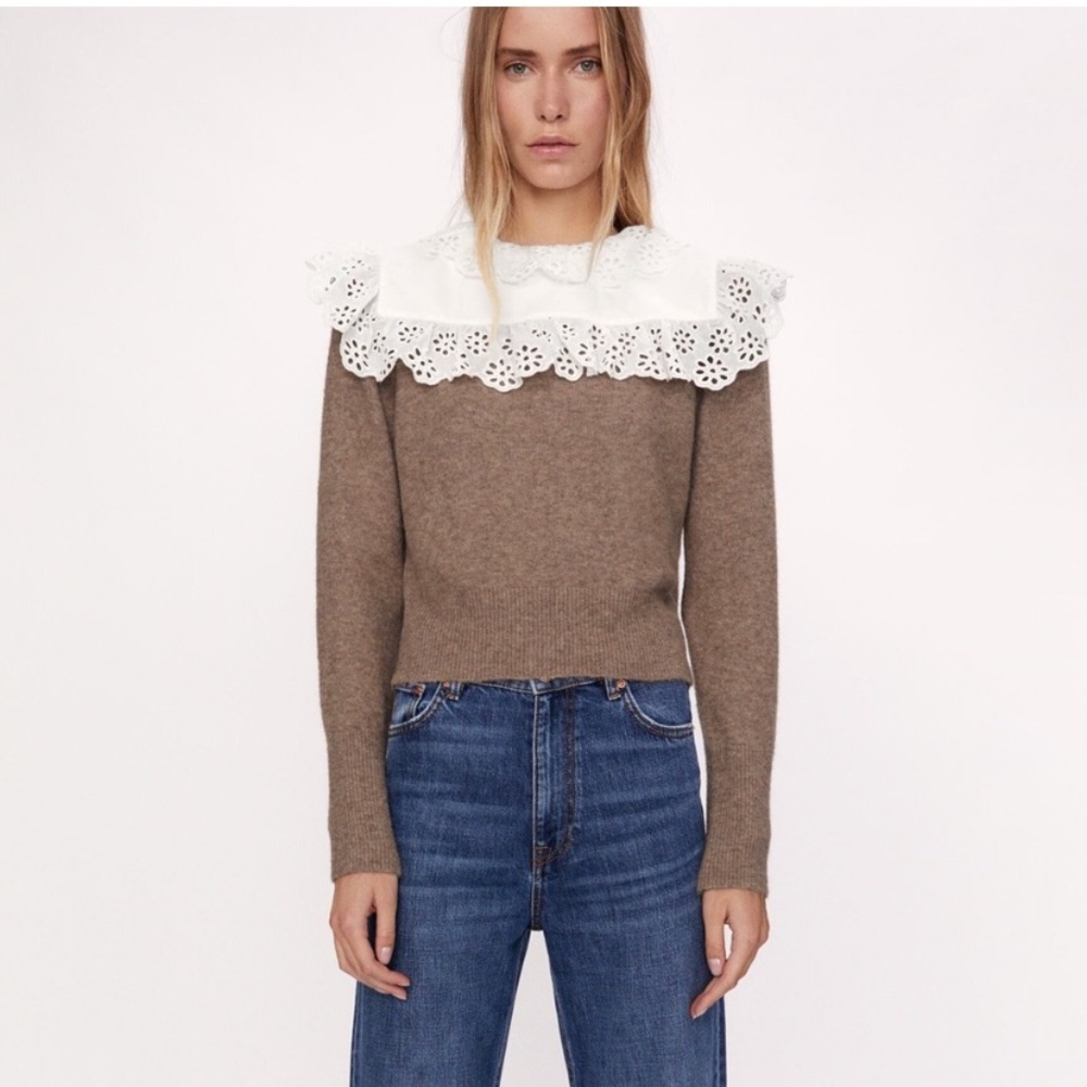 Zara Brown Sweater with White Eyelet Collar